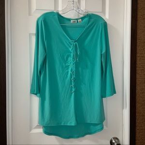 Cato Teal V Neck Lace Up 3/4 Sleeve Blouse size L
